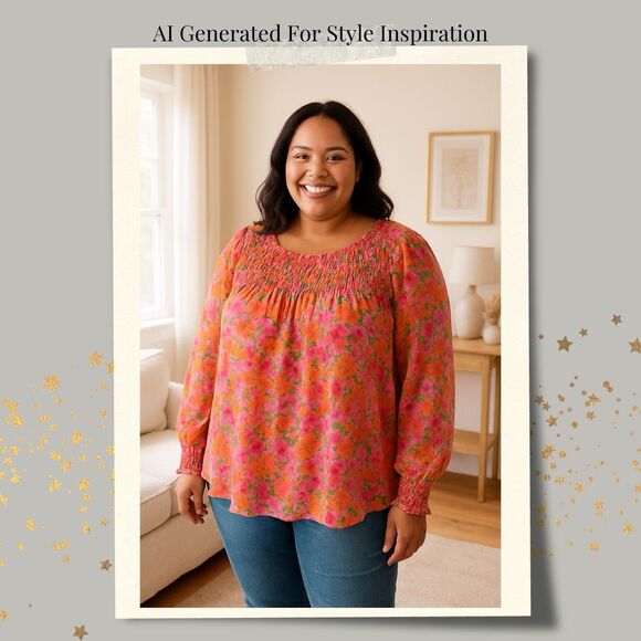 Terra Sky  Womens Peasant Top Plus 2X Pink Floral Shirred Cottagecore Lined Boho - Picture 3 of 16